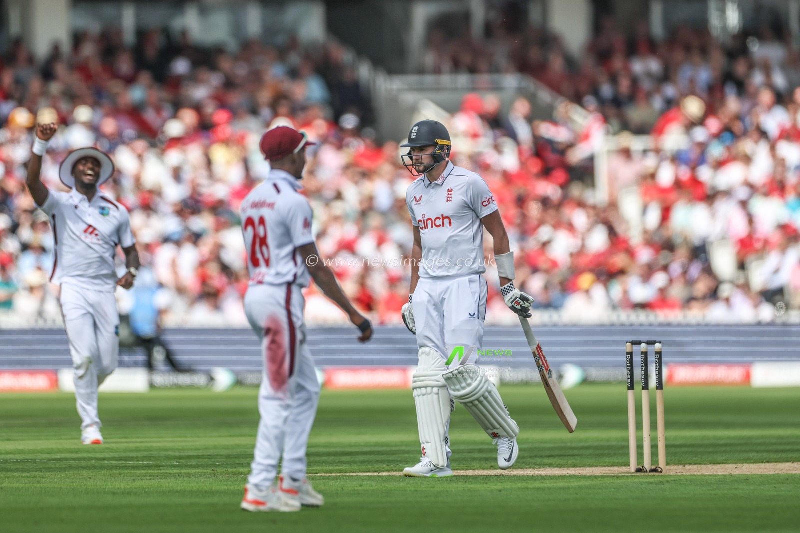 A dejected Gus Atkinson of England leaves the field of play after being bowled out for a golden duck during the Rothesay Test Match Day Two England v West Indies at Lords, London, United Kingdom, 11th July 2024

(Photo by Mark Cosgrove/News Images)