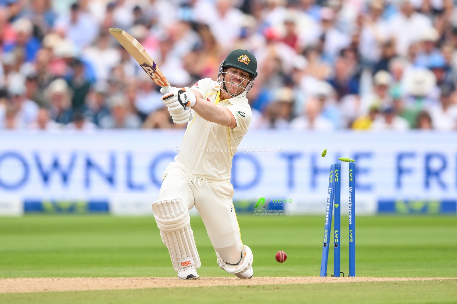 David Warner of Australia is bowled by Stuart Broad of England during the LV= Insurance Ashes First Test Series Day 2 England v Australia at Edgbaston, Birmingham, United Kingdom, 17th June 2023

(Photo by Craig Thomas/News Images)
