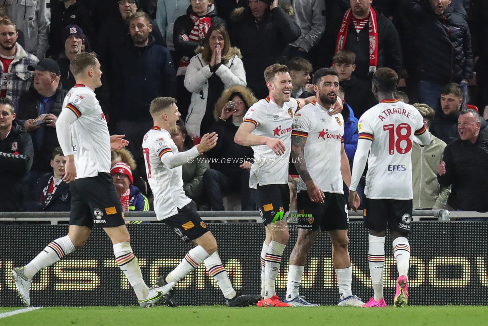 Allahyar Sayyadmanesh #9 of Hull City celebrates his goal with his team mates and makes the score 0-1 during the Sky Bet Championship match Middlesbrough vs Hull City at Riverside Stadium, Middlesbrough, United Kingdom, 19th April 2023

(Photo by James Heaton/News Images)
