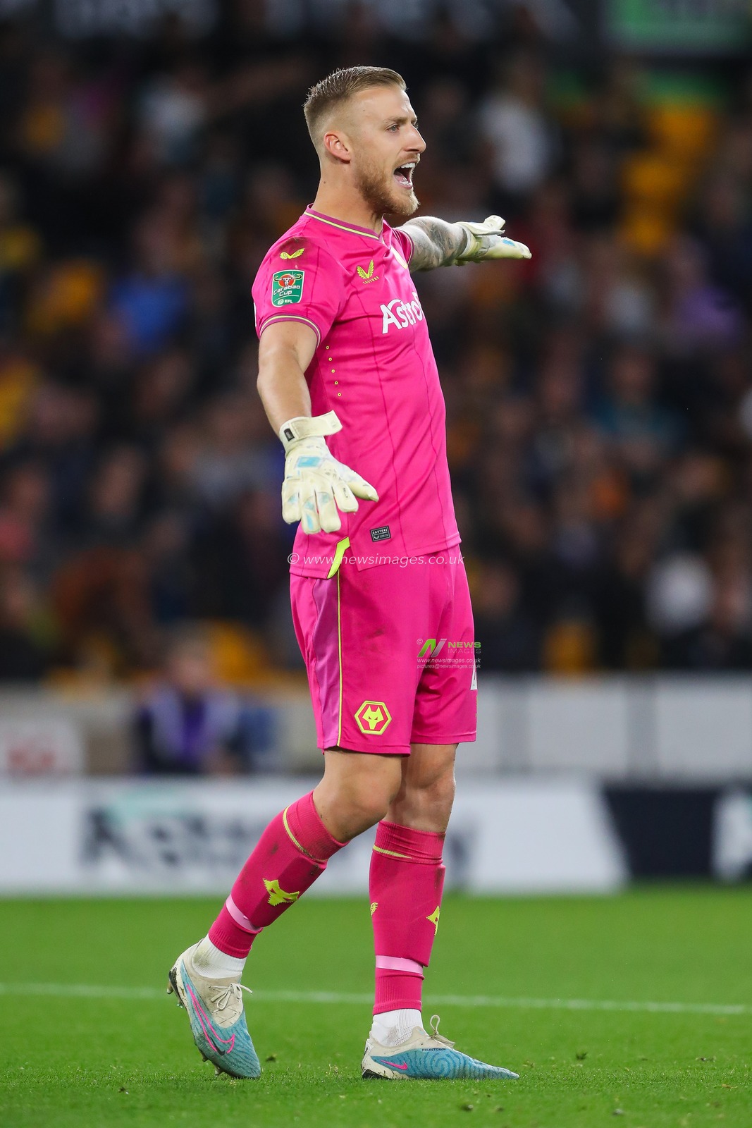 Daniel Bentley #25 of Wolverhampton Wanderers gives his team instructions during the Carabao Cup match Wolverhampton Wanderers vs Blackpool at Molineux, Wolverhampton, United Kingdom, 29th August 2023

(Photo by Gareth Evans/News Images)