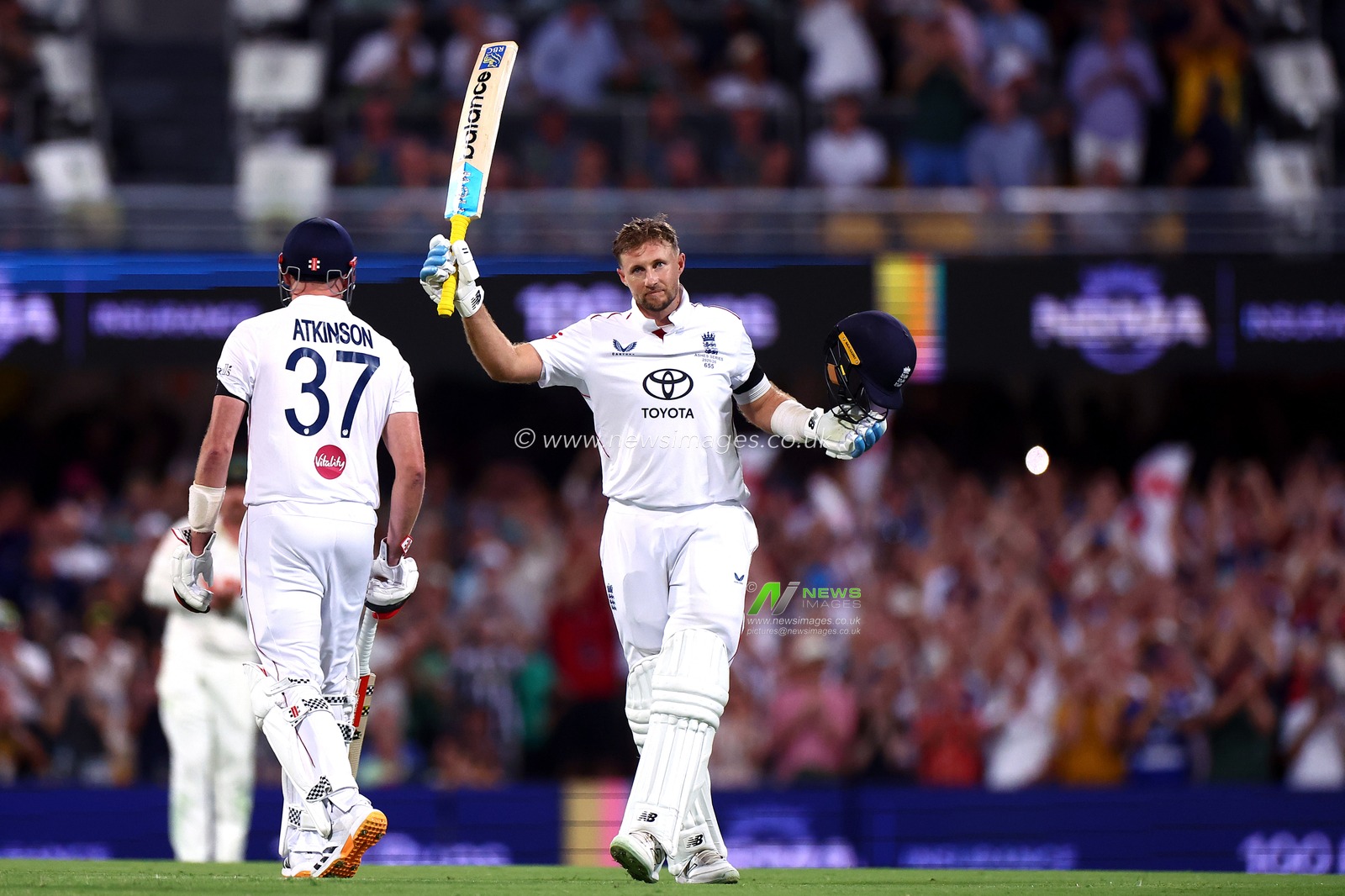 Joe Root of England  celebrates reaching 100 runs during the NRMA Insurance Ashes Second Test Day 1 Series match Australia vs England at The Gabba, Brisbane Cricket Ground, Brisbane, Australia, 4th December 2025

(Photo by Patrick Hoelscher/News Images)

*** GER AUT SUI OUT ***