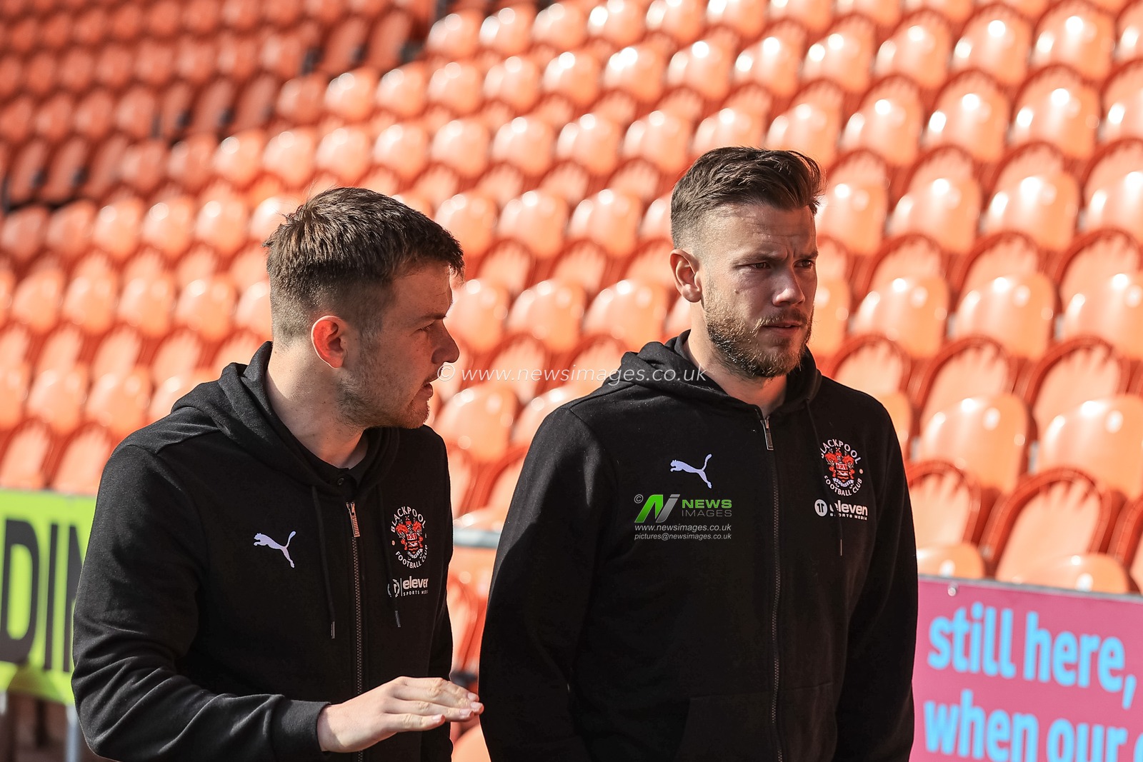 Jordan Thorniley #34 of Blackpool and Chris Maxwell #1 of Blackpool arrive at Bloomfield Road