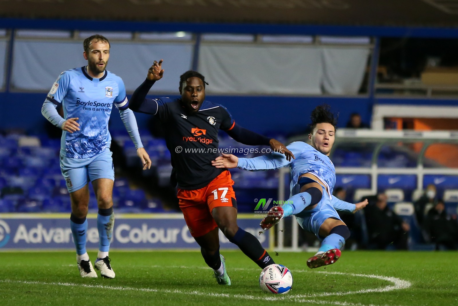 Pelly Ruddock #17 of Luton Town is fouled by Callum OHare #11 of Coventry City
