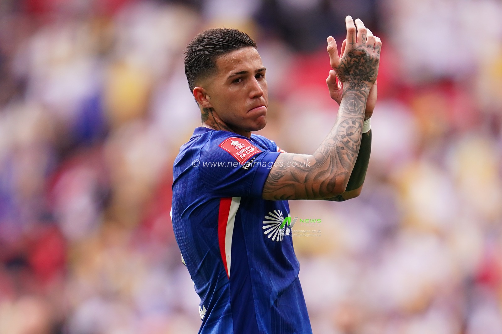 An emotional Enzo Fernandez of Chelsea applauds support at full time during the Emirates FA Cup Semi-Final match Chelsea vs Leeds United at Wembley Stadium, London, United Kingdom on 26 April 2026

(Photo by Harvey Murphy/News Images)