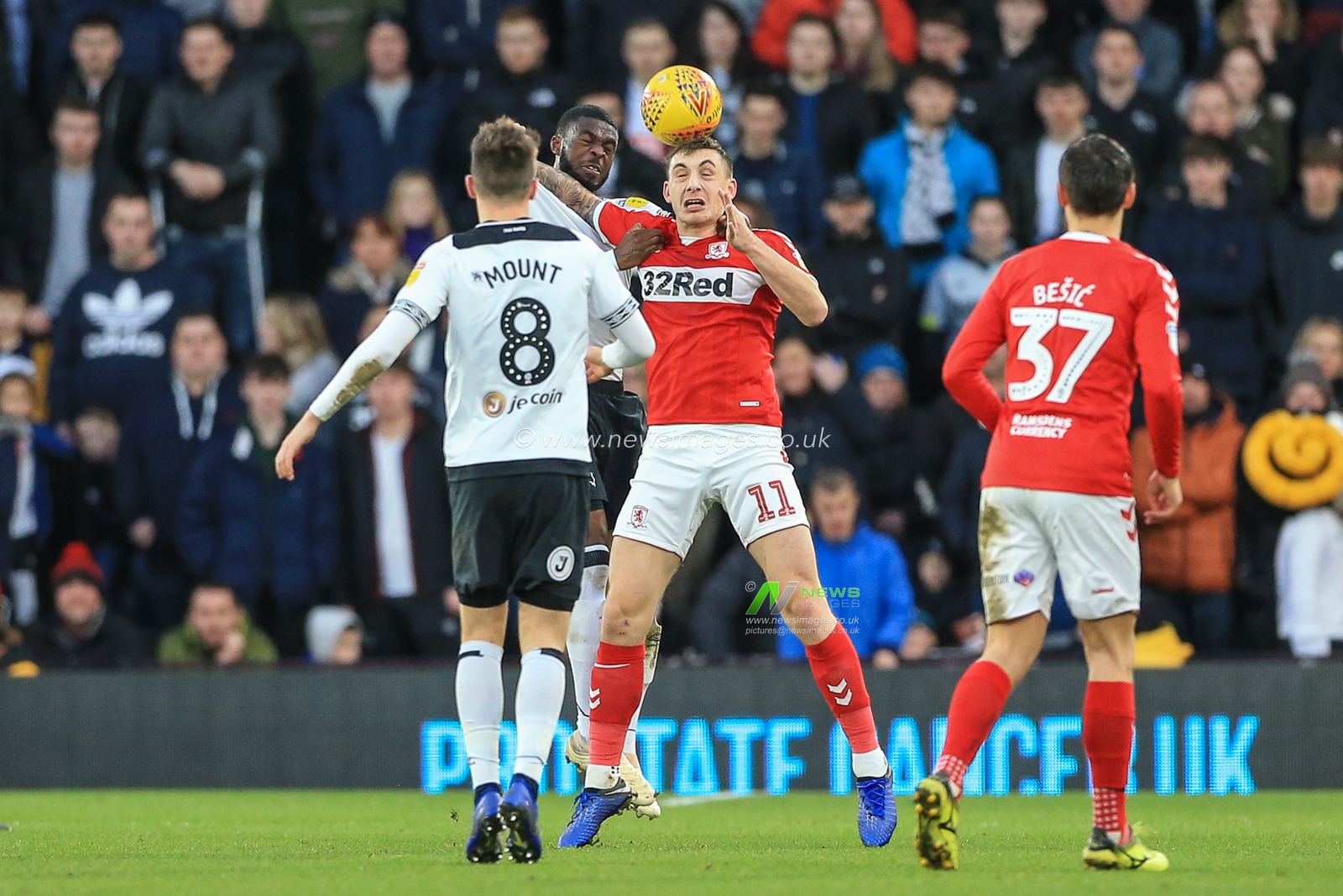 1st January 2019, Pride Park, Derby, England; Sky Bet Championship, Derby County vs Middlesbrough ; Jordan Hugill (11) of Middlesbrough heads the ball as he's held back by Fikayo Tomori (05) of Derby County 

Credit: Mark Cosgrove/News Images 

English Football League images are subject to DataCo Licence