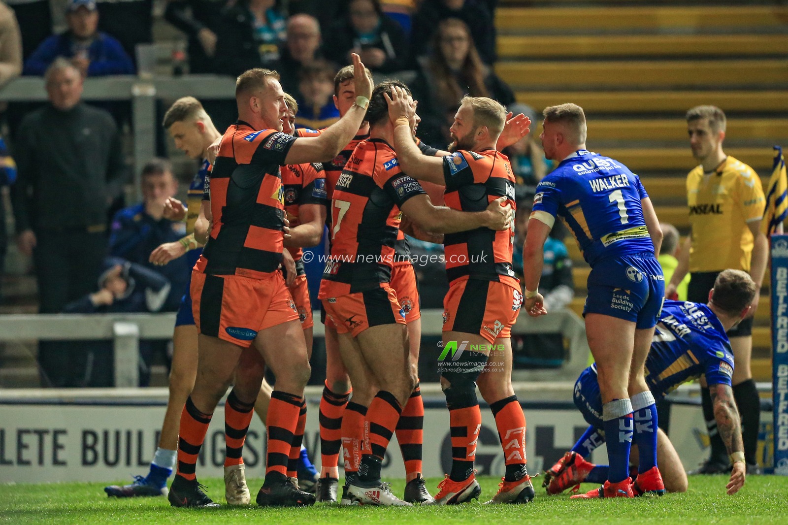 28th March 2019, Emerald Headingley Stadium, Leeds, England; Betfred Super League, Round 8 , Leeds Rhinos vs Castleford Tigers ; Liam Watts (8) of Castleford Tigers celebrates his try 

Credit: Mark Cosgrove/News Images