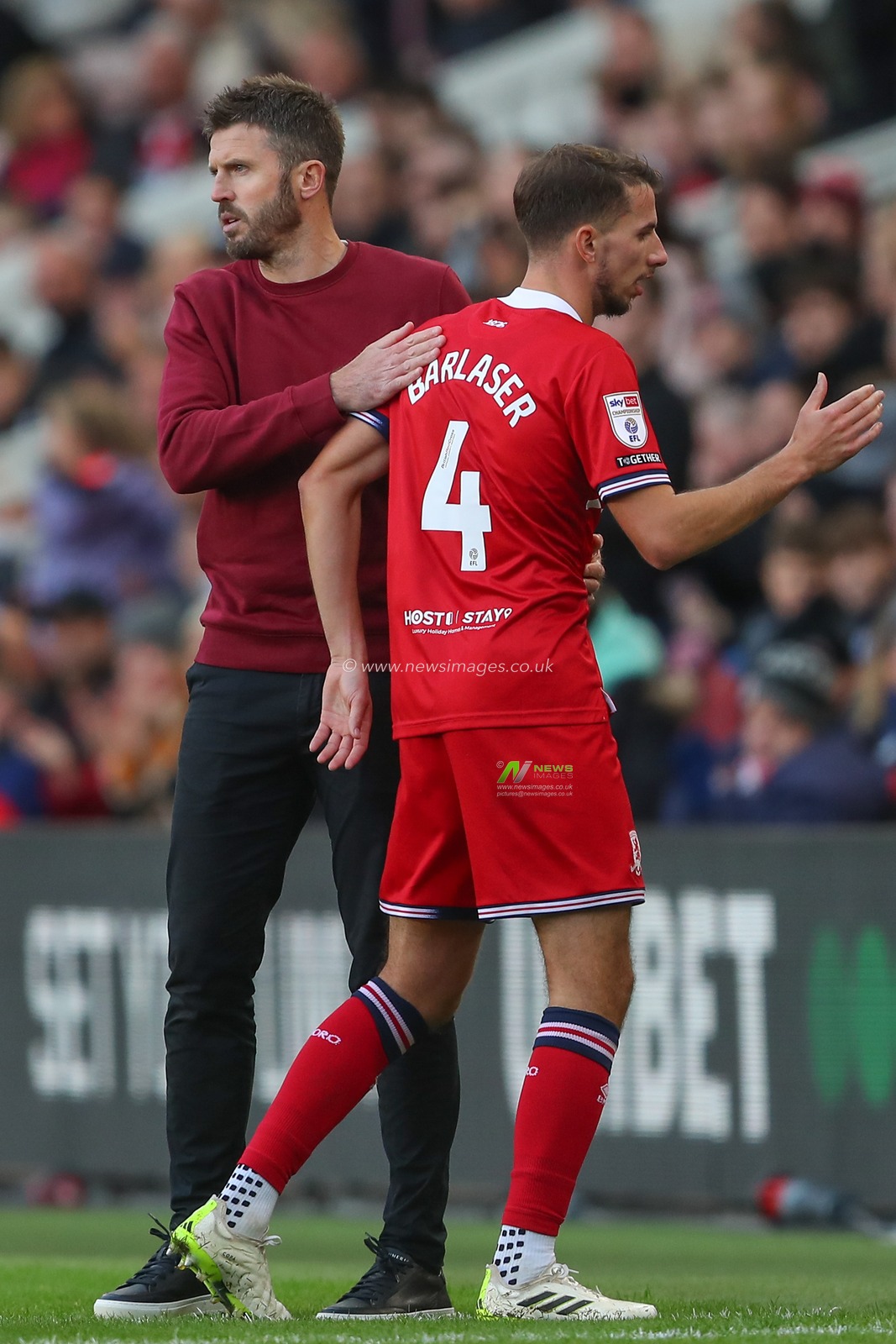 Michael Carrick manager of Middlesbrough embraces Dan Barlaser #4 of Middlesbrough during the Sky Bet Championship match Middlesbrough vs Birmingham City at Riverside Stadium, Middlesbrough, United Kingdom, 21st October 2023

(Photo by Gareth Evans/News Images)
