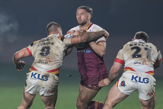 Tristan Powell of Huddersfield Giants is tackled by Ryan Sutton of Bradford Bulls during the Betfred Super League Round 5 match Bradford Bulls vs Huddersfield Giants at Odsal Stadium, Bradford, United Kingdom on 20 March 2026

(Photo by Mark Cosgrove/News Images)
