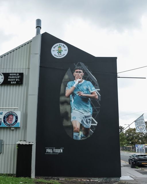 A Phil Foden of Manchester City mural on the side of the Mary D’s bar gable end during the Premier League match Manchester City vs Coventry City at Etihad Stadium, Manchester, United Kingdom on 05 September 2026

(Photo by Mark Cosgrove/News Images)