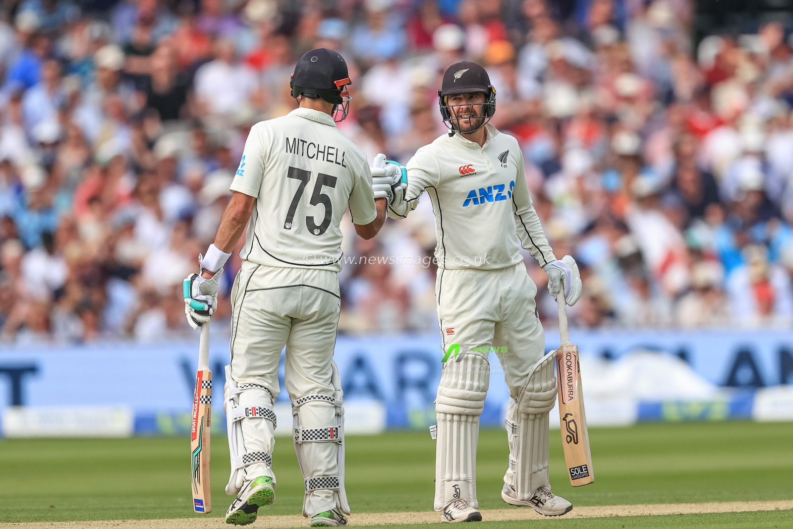 Daryl Mitchell of New Zealand and Tom Blundell of New Zealand celebrate a partnership of 100 runs