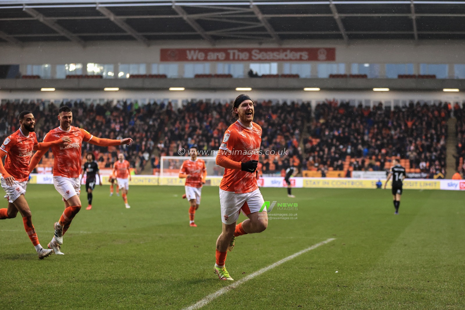 Josh Bowler #11 of Blackpool celebrates his goal to make it 3-0