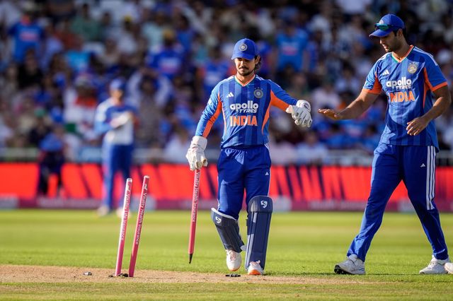 Ishan Kishan of India celebrates breaking the stumps to run out Will Jacks of England during the Third Vitality T20 International match England vs India at Trent Bridge, Nottingham, United Kingdom on 07 July 2026

(Photo by Maynard Manyowa/News Images)