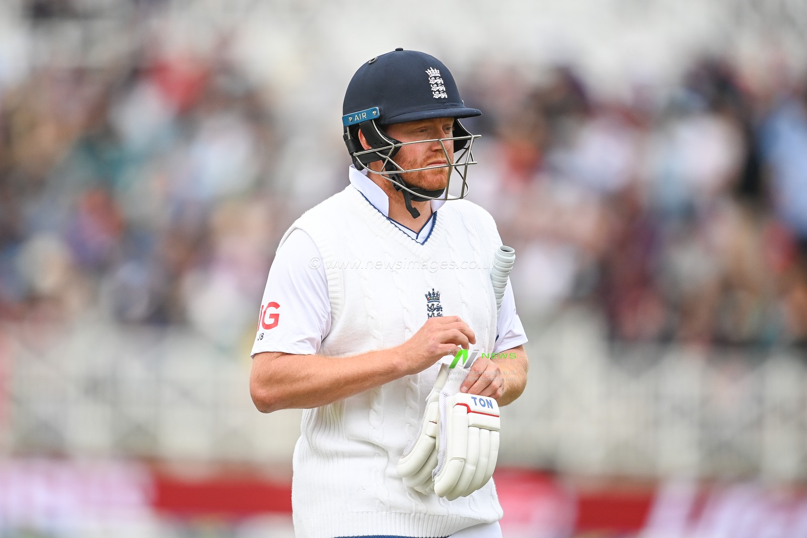 Jonny Bairstow of England leaves the field after being caught by Tom Blundell of New Zealand