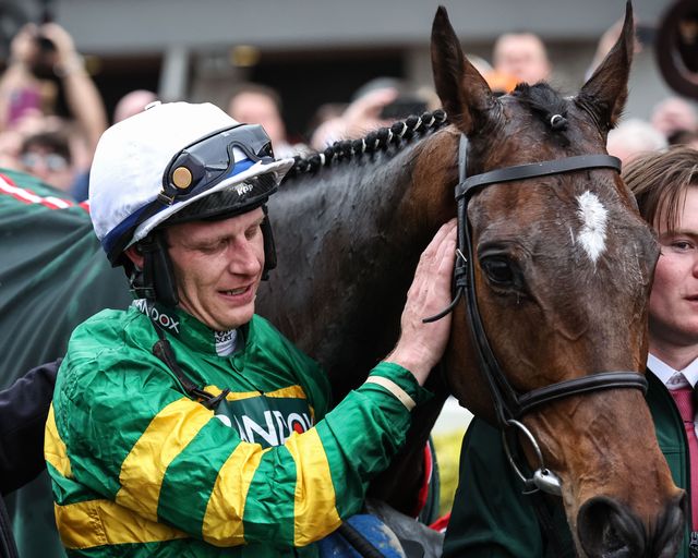 Paul Townend pats I Am Maximus on the head after winning the 16:00 Randox Grand National Handicap Chase on I Am Maximus during the Randox Grand National Day 2024 at Aintree Racecourse, Liverpool, United Kingdom, 13th April 2024

(Photo by Mark Cosgrove/News Images)