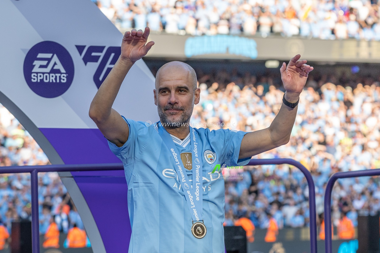 Pep Guardiola manager of Manchester City celebrates winning the league uring the Premier League match Manchester City vs West Ham United at Etihad Stadium, Manchester, United Kingdom, 19th May 2024

(Photo by Mark Cosgrove/News Images)