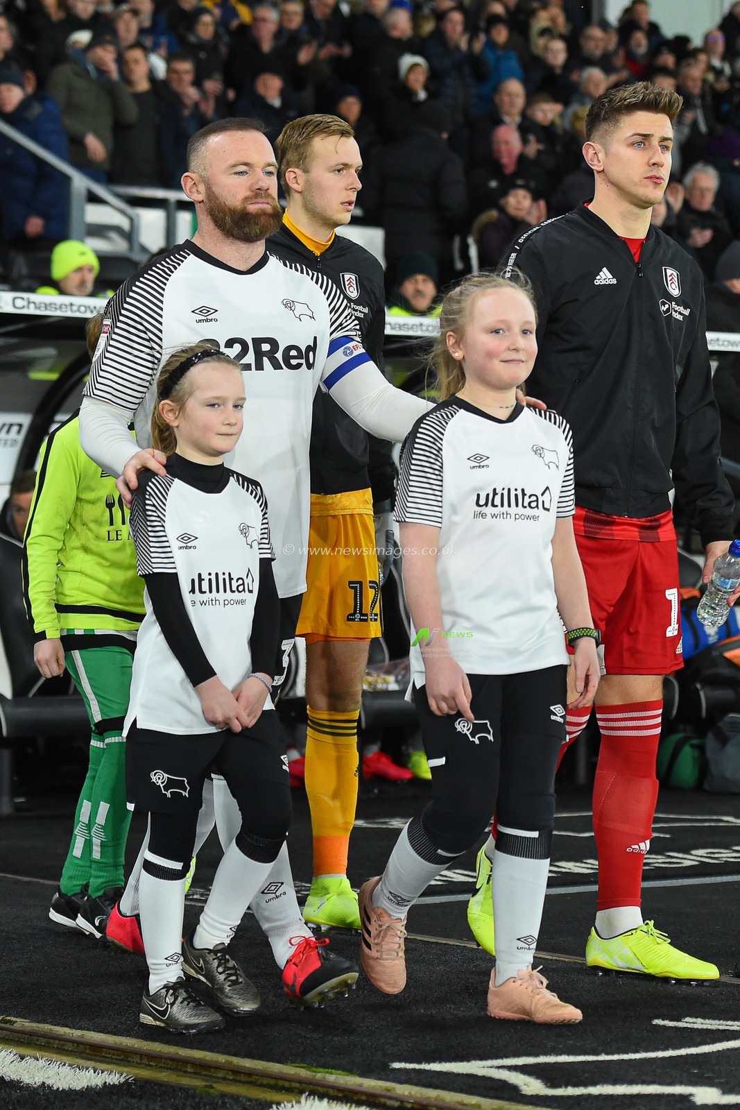 21st February 2020, Pride Park Stadium, Derby, England; Sky Bet Championship, Derby County v Fulham : Wayne Rooney (32) of Derby County leads his team out to the pitch for his 500th League appearance
