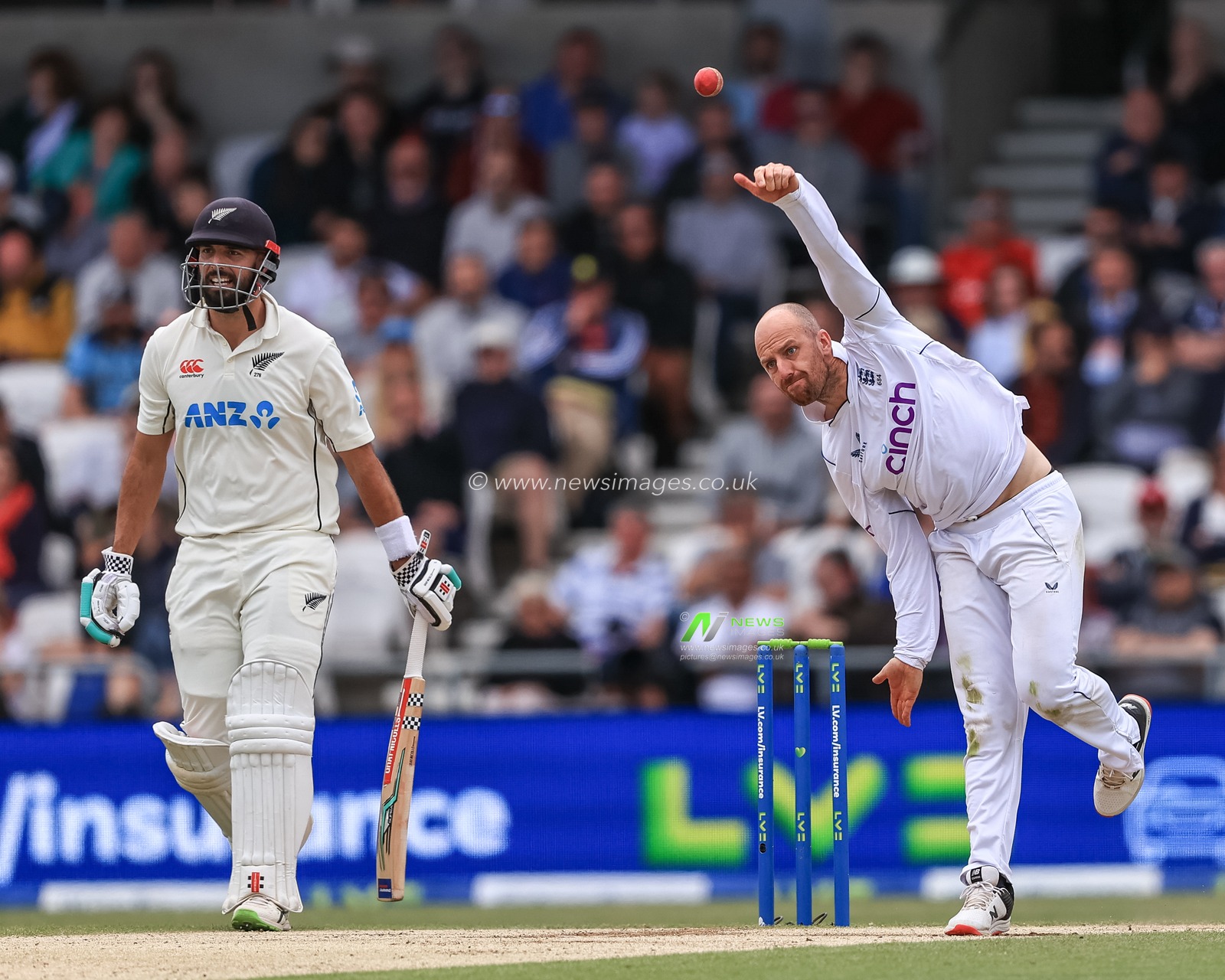 Jack Leach of England delivers the ball