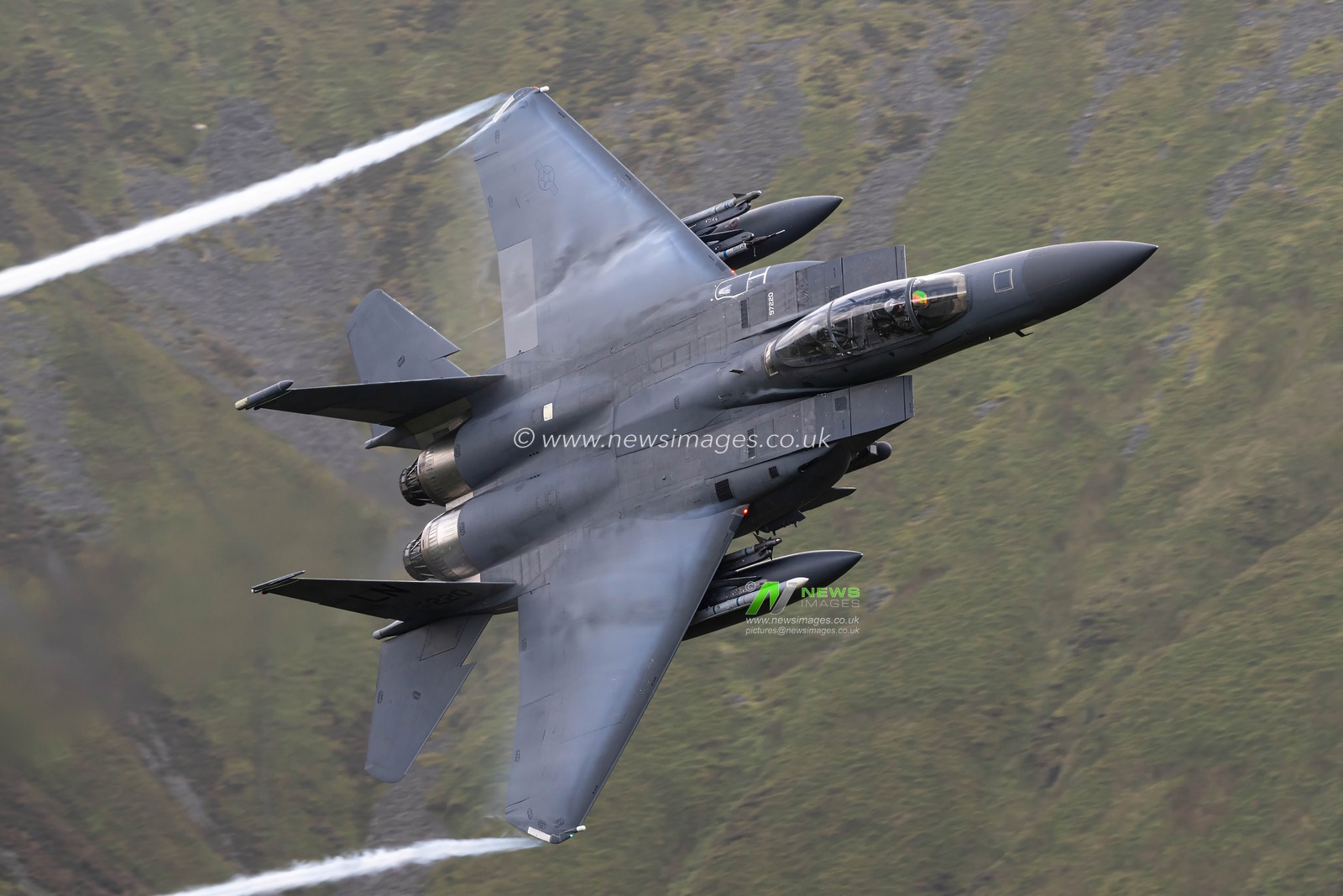 McDonnell Douglas F-15E Strike Eagle of the United States Air Force 492d Fighter Squadron â€œthe Madhatters" of the 48th Fighter Wing RAF Lakenheath flys past â€˜The Spurâ€™ Mach Loop, Dolgellau, United Kingdom, 4th September 2024

(Photo by Cody Froggatt/News Images)