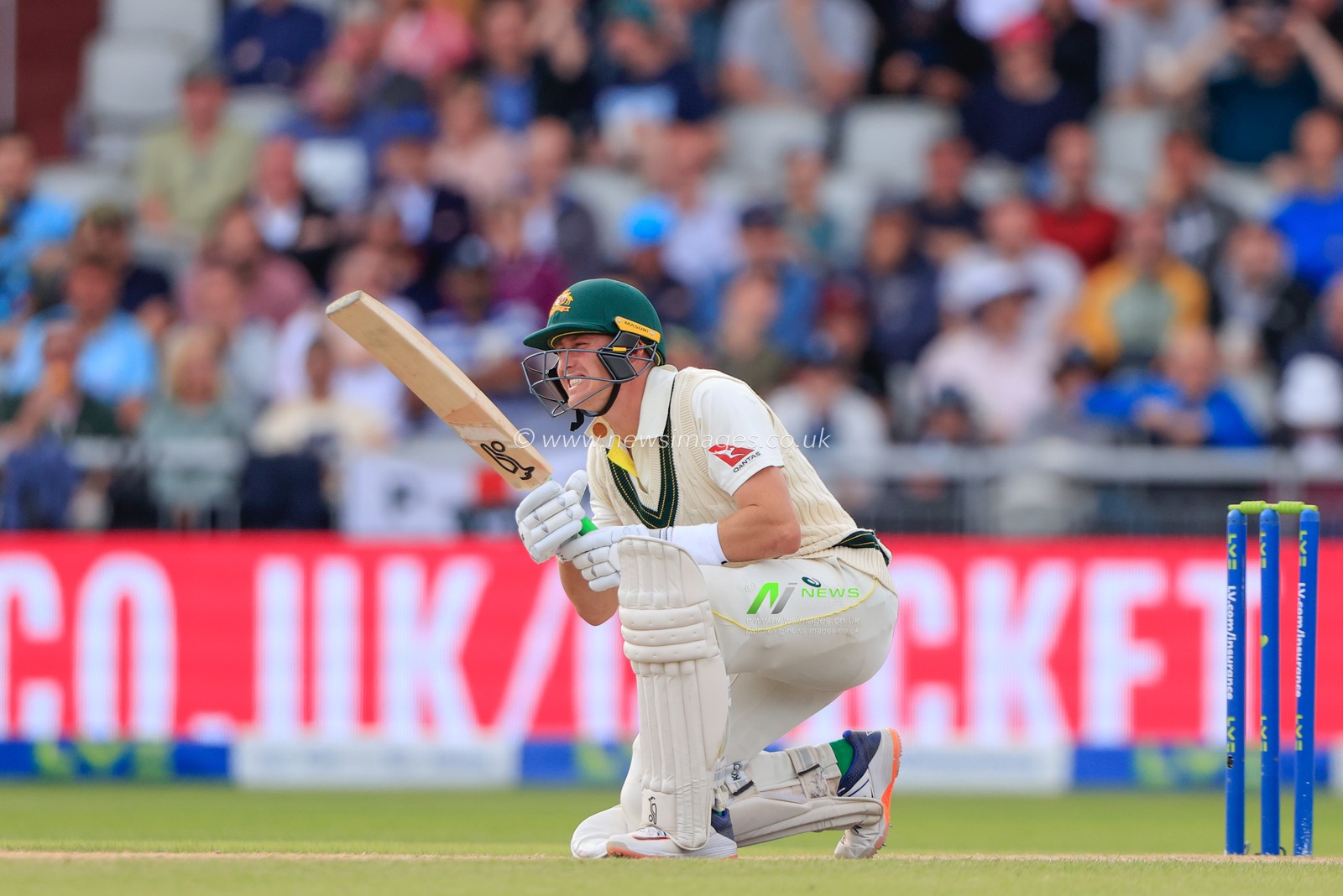 Marnus Labuschagne of Australia reacts to a near miss during the LV= Insurance Ashes Fourth Test Series Day Three Test Series match England vs Australia at Old Trafford, Manchester, United Kingdom, 21st July 2023

(Photo by Conor Molloy/News Images)