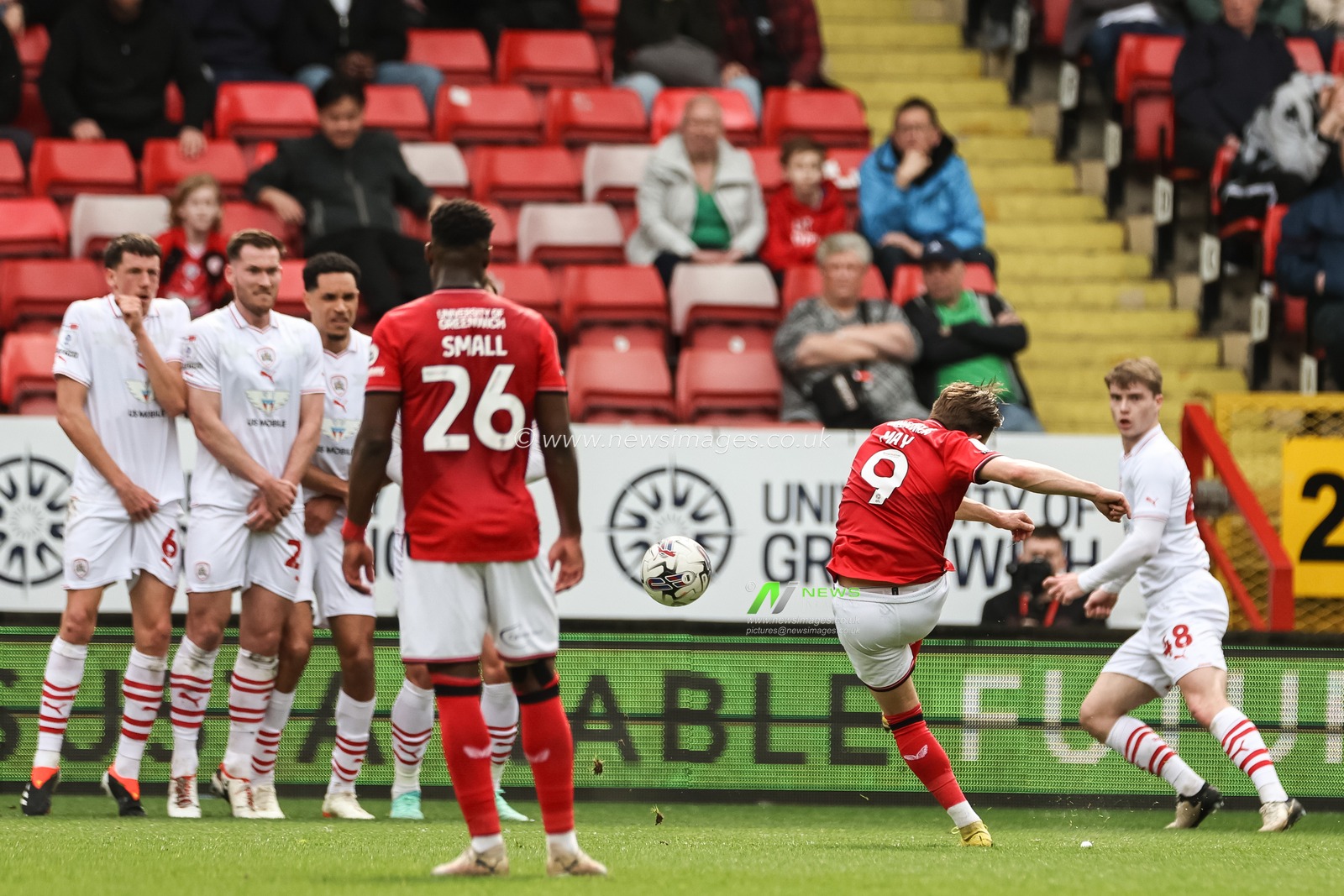Alfie May of Charlton Athletic scores from a free kick to make it 1-0 during the Sky Bet League 1 match Charlton Athletic vs Barnsley at The Valley, London, United Kingdom, 6th April 2024

(Photo by Mark Cosgrove/News Images)