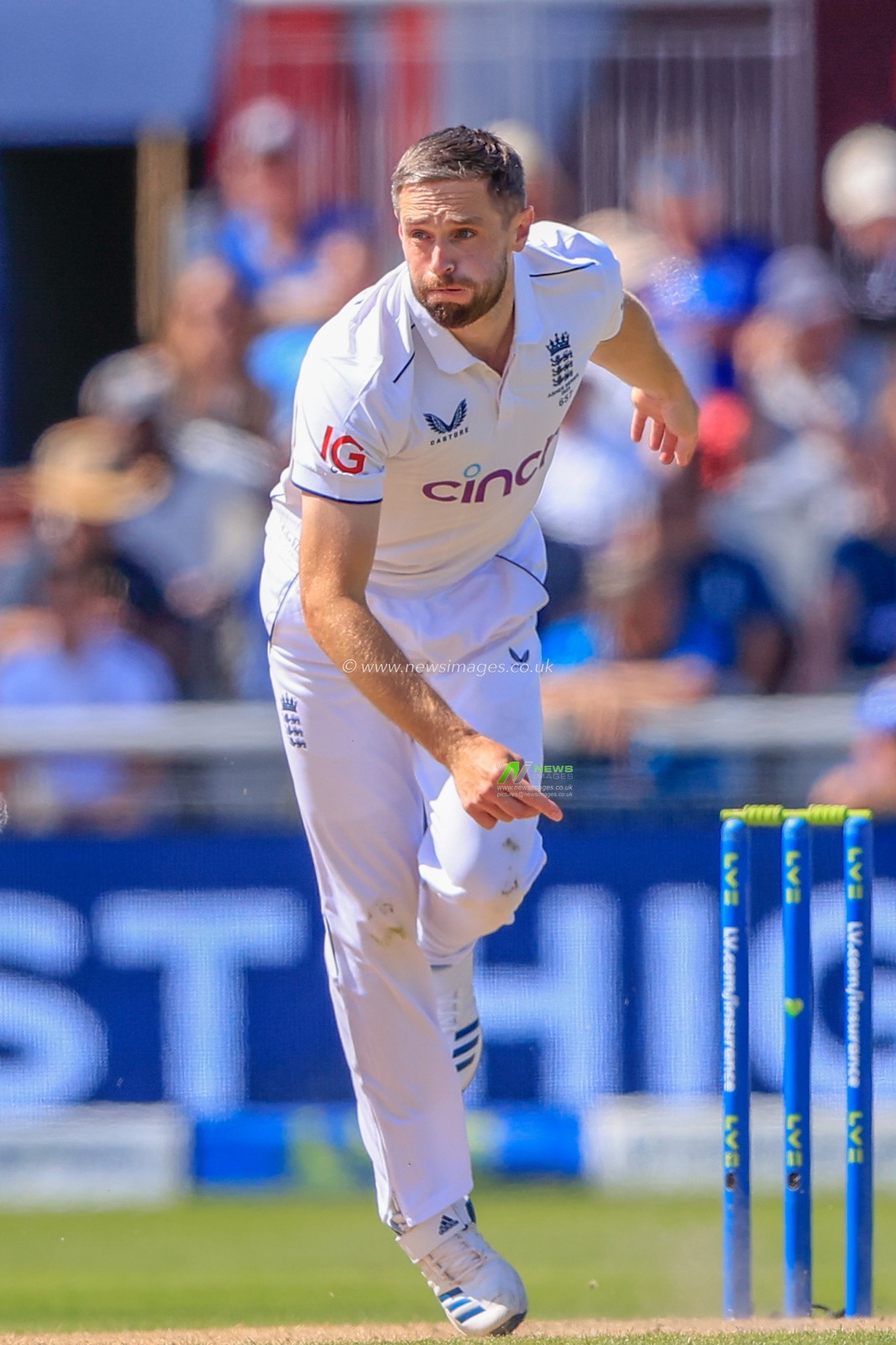 Chris Woakes of England delivers the ball during the LV= Insurance Ashes Fourth Test Series Day One England vs Australia at Old Trafford, Manchester, United Kingdom, 19th July 2023

(Photo by Conor Molloy/News Images)