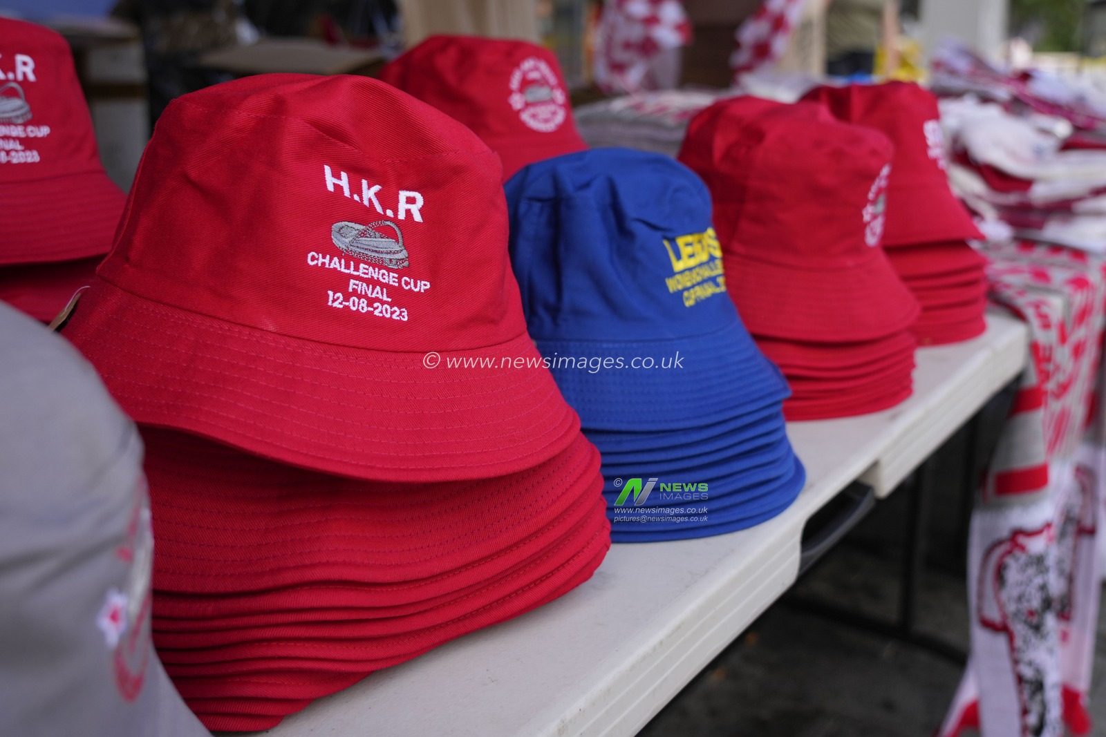 Hull KR bucket hats on sale outside Wembley Stadium before the Betfred Challenge Cup match Hull KR vs Leigh Leopards at Wembley Stadium, London, United Kingdom, 12th August 2023

(Photo by Steve Flynn/News Images)
