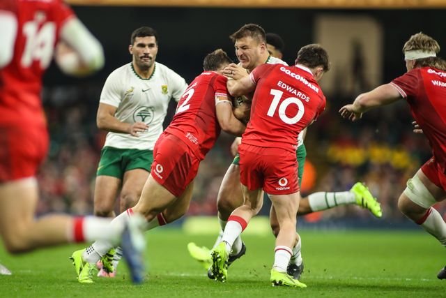 Andre Esterhuizen of South Africa is tackled by Dan Edwards of Wales during the Quilter Nations Series 2025 match Wales vs South Africa at Principality Stadium, Cardiff, United Kingdom, 29th November 2025

(Photo by Andrew Lewis/News Images)

*** GER AUT SUI OUT ***