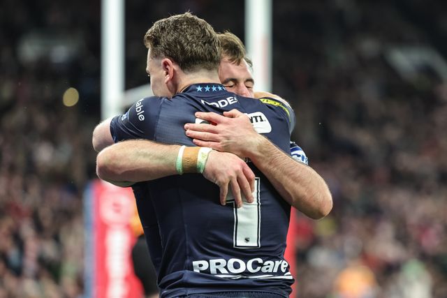 Harry Smith of Wigan Warriors celebrates his try during the 2025 Betfred Super League Grand Final Hull KR v Wigan Warriors at Old Trafford, Manchester, United Kingdom, 11th October 2025

(Photo by Mark Cosgrove/News Images)