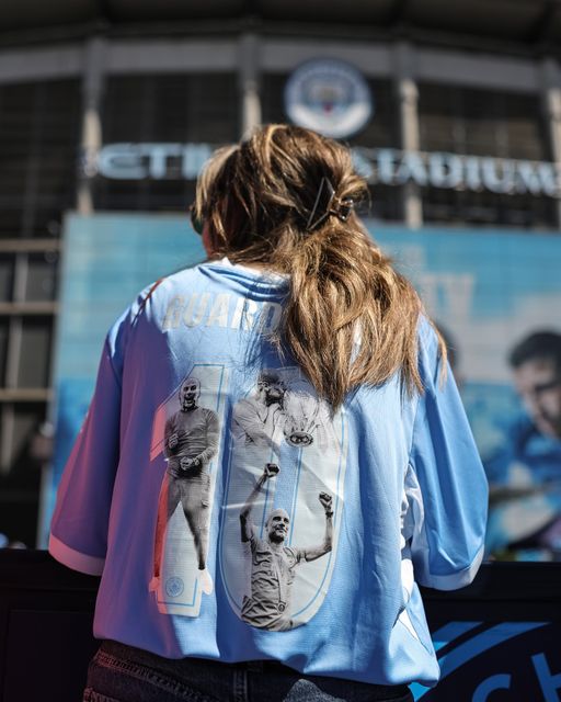 A fan with a 10 years of Pep Guardiola Manchester City shirt during the Premier League match Manchester City vs Aston Villa at Etihad Stadium, Manchester, United Kingdom on 24 May 2026

(Photo by Mark Cosgrove/News Images)
