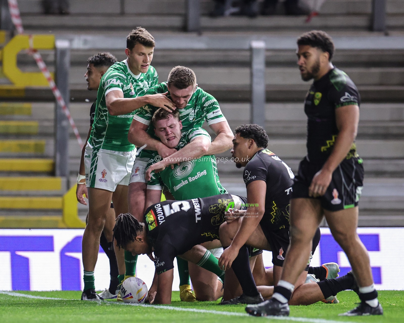 Brendan Oâ€™Hagan of Ireland celebrates his try during the Rugby League World Cup 2021 match Jamaica vs Ireland at Headingley Stadium, Leeds, United Kingdom, 16th October 2022

(Photo by Mark Cosgrove/News Images)