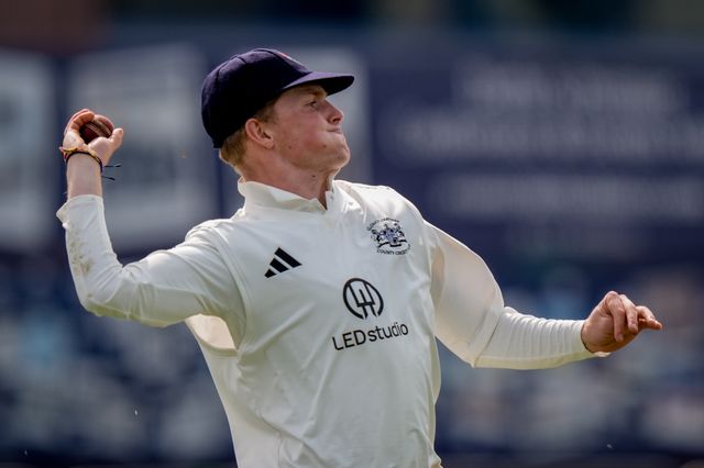 Ben Charlesworth throws the ball during the County Championship Division Two Derbyshire v Gloucestershire at The Central Co-Op County Ground, Derby, United Kingdom on 26 April 2026

(Photo by Maynard Manyowa/News Images)
