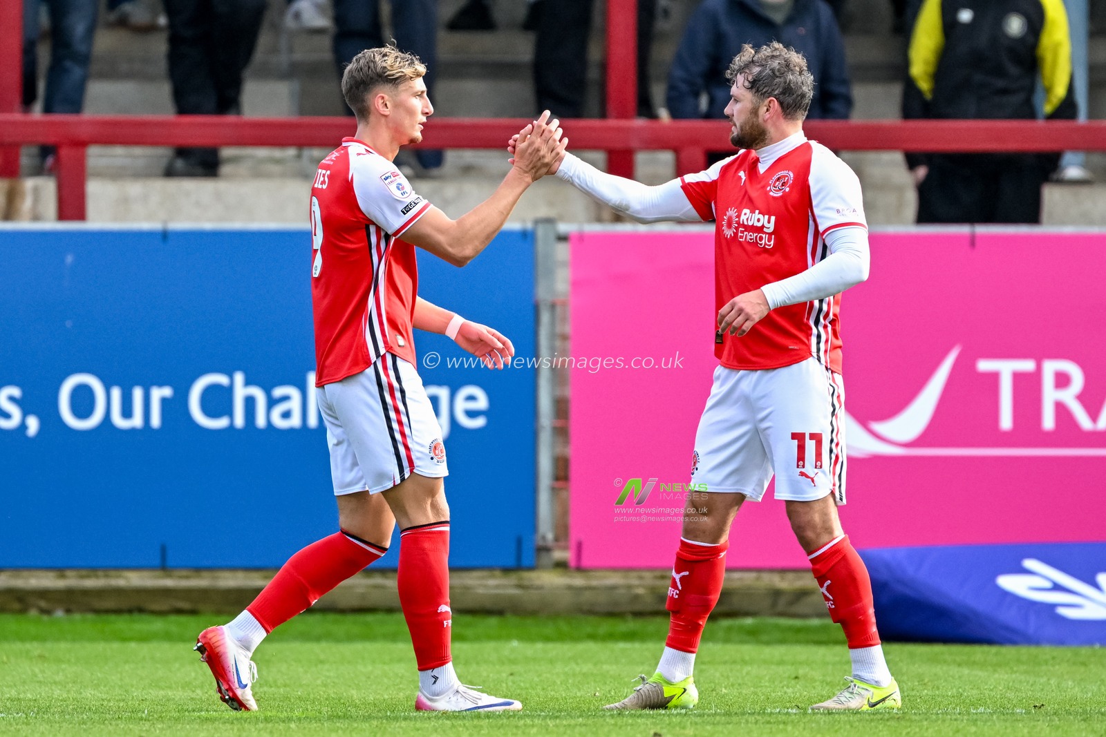 Will Davies of Fleetwood Town  celebrates scoring the Fleetwood equaliser 1-1 during the Sky Bet League 2 match Fleetwood Town vs Harrogate Town at Highbury Stadium, Fleetwood, United Kingdom, 11th October 2025

(Photo by Adam Gee/News Images)