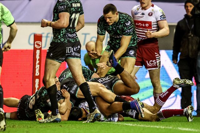 Bevan French of Wigan Warriors goes over for a try during the Betfred Super League match Wigan Warriors vs Leigh Leopards at The Brick Community Stadium, Wigan, United Kingdom on 26 February 2026

(Photo by Alfie Cosgrove/News Images)