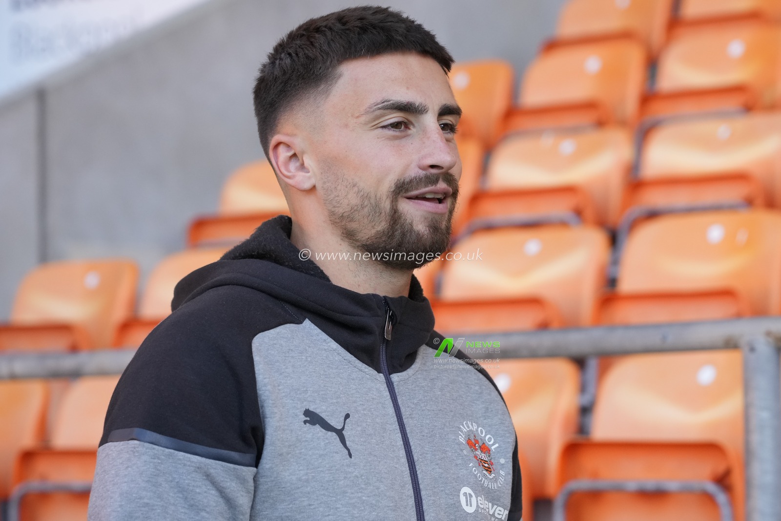 Owen Dale #7 of Blackpool arrives at the stadium before  the Sky Bet League 1 match Blackpool vs Port Vale at Bloomfield Road, Blackpool, United Kingdom, 15th August 2023

(Photo by Steve Flynn/News Images)