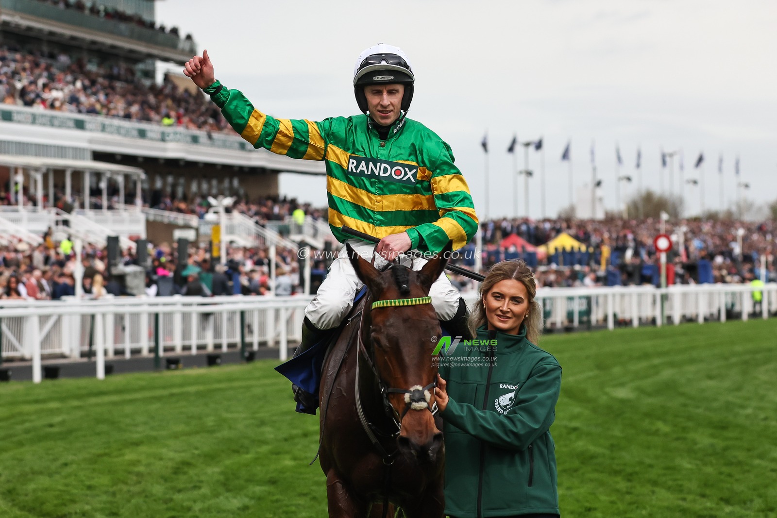 Inothewayurthinkin ridden by Mark Walsh celebrates winning the 1:45pm Huyton Asphalt Franny Blennerhassett Memorial Mildmay Novicesâ€™ Steeple Chase (Class 1) during the The Randox Grand National 2024 Ladies Day at Aintree Racecourse, Liverpool, United Kingdom, 12th April 2024

(Photo by Mark Cosgrove/News Images)