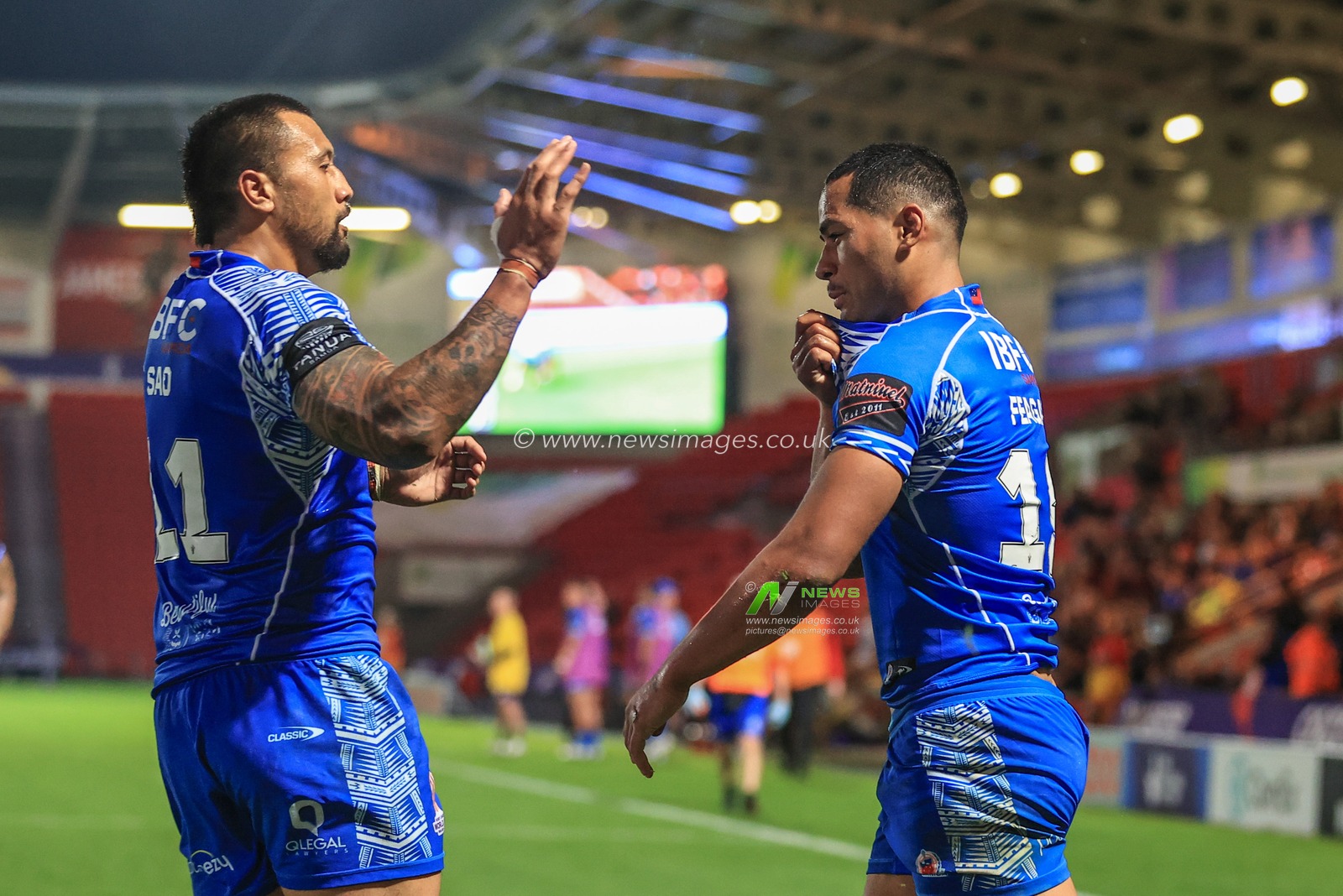 \s1Â§9\celebrates his try with Ligi Sao of Samoa during the Rugby League World Cup 2021 Cup Group A match Samoa vs Greece at Eco-Power Stadium, Doncaster, United Kingdom, 23rd October 2022

(Photo by Mark Cosgrove/News Images)
