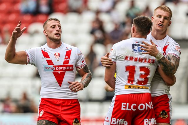 Morgan Knowles of St. Helens celebrates his try during the Betfred Super League round 16 match St Helens vs Salford Red Devils at Totally Wicked Stadium, St Helens, United Kingdom, 29th June 2025

(Photo by Alfie Cosgrove/News Images)