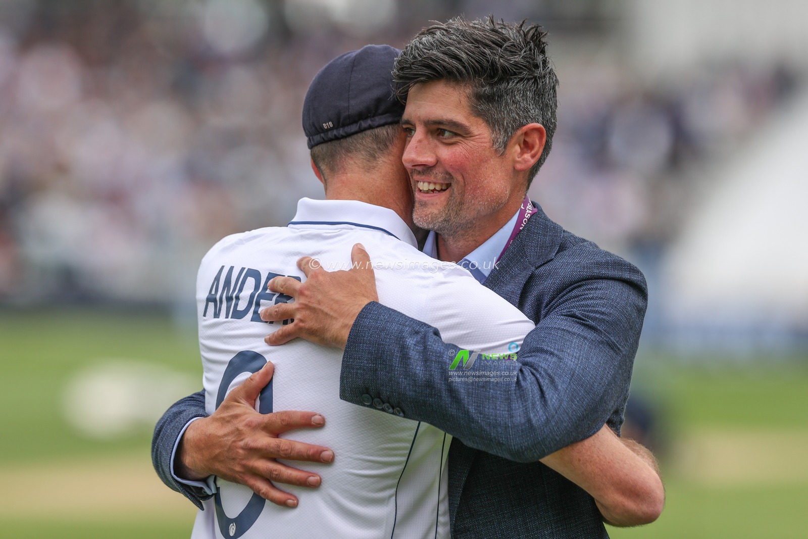 James Anderson of England is congratulated by Sir Alastair Cook CBE during the Rothesay First Test Match Day Three England v West Indies at Lords, London, United Kingdom, 12th July 2024

(Photo by Mark Cosgrove/News Images)