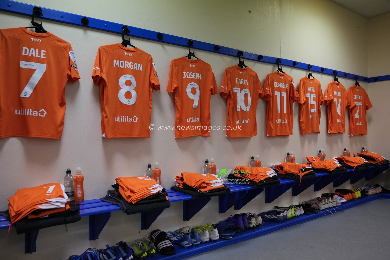Blackpool squad shirts hung up in the changing room before the Sky Bet League 1 match Bolton Wanderers vs Blackpool at University of Bolton Stadium, Bolton, United Kingdom, 11th November 2023

(Photo by Steve Flynn/News Images)