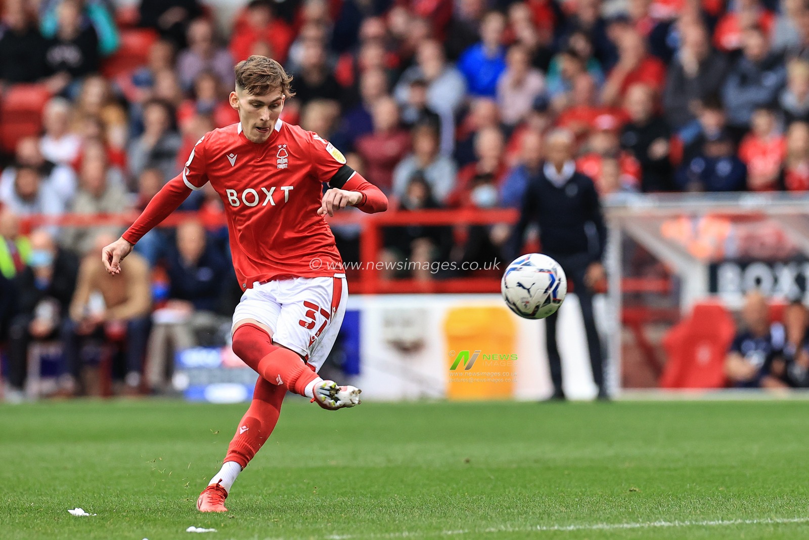 James Garner #37 of Nottingham Forest takes free-kick, missed opportunity