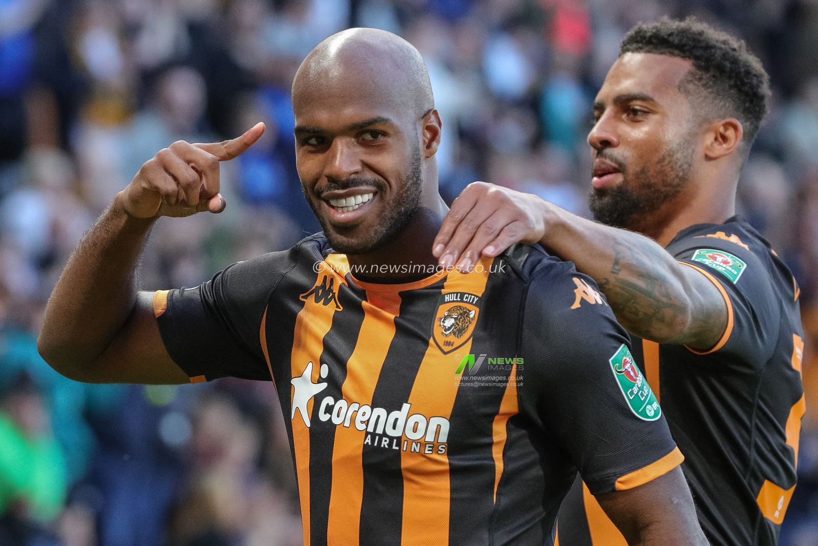 Ã“scar EstupiÃ±Ã¡n #19 of Hull City celebrates his goal and makes the score 1-0 during the Carabao Cup match Hull City vs Doncaster Rovers at MKM Stadium, Hull, United Kingdom, 8th August 2023

(Photo by James Heaton/News Images)