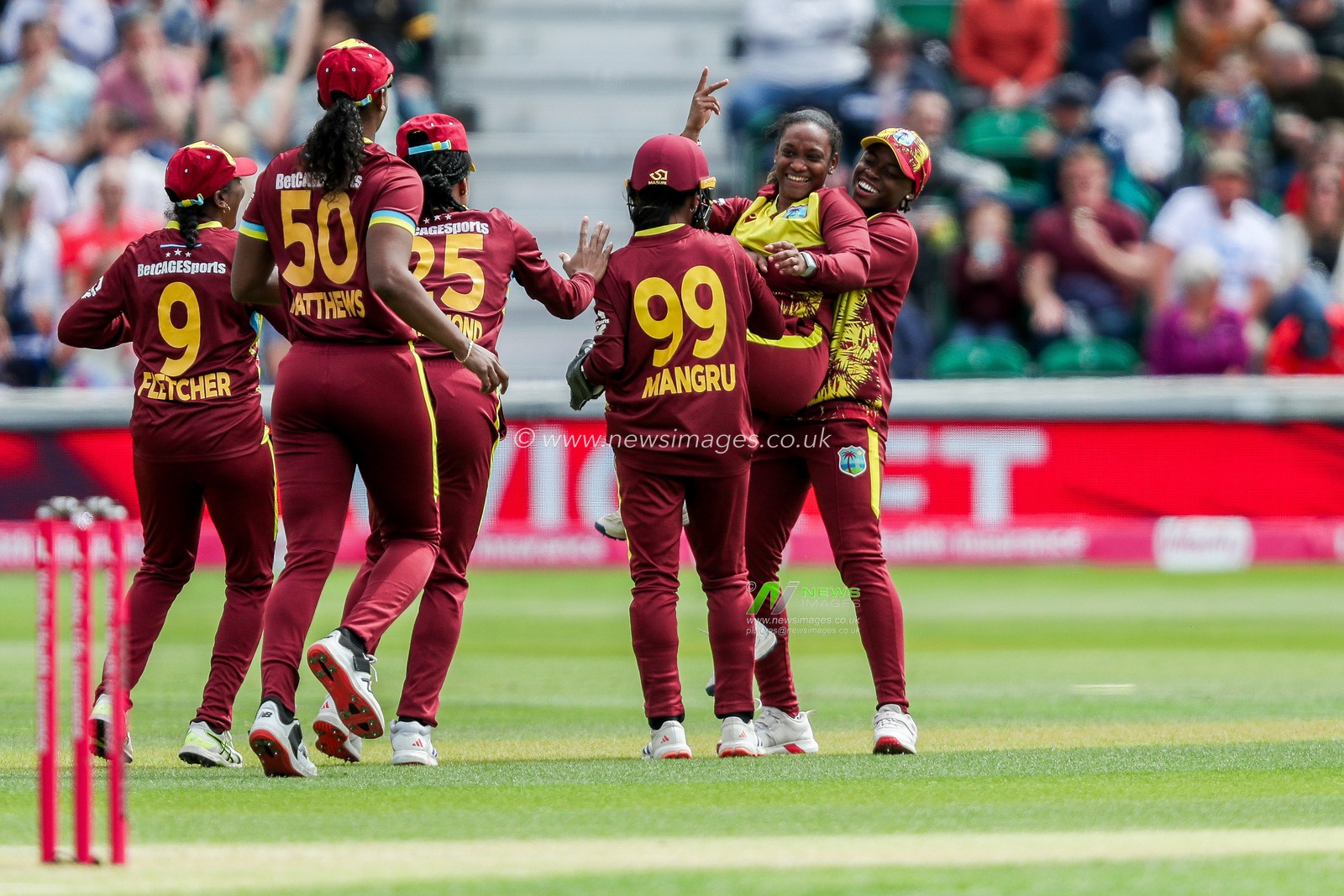 Zaida James of West Indies Women celebrates after dismissing Danni Wyatt-Hodge of England Women during the 3rd Vitality IT20 Series match England Women vs West Indies Women at The Cloud County Ground, Chelmsford, United Kingdom, 26th May 2025

(Photo by Izzy Poles/News Images)