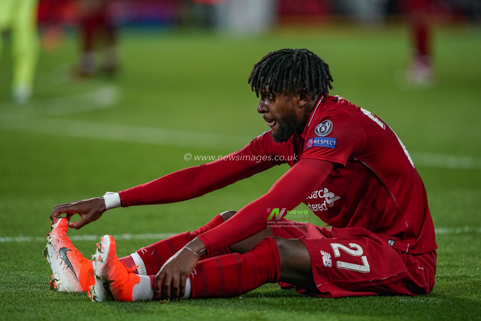 7th May 2019 , Anfield Stadium, Liverpool, England;  UEFA Champions League Semi Final, Second Leg, Liverpool FC vs FC Barcelona ; Divock Origi (27) of Liverpool takes a minute after scoring to make it 4-0 


Credit: Terry Donnelly/News Images