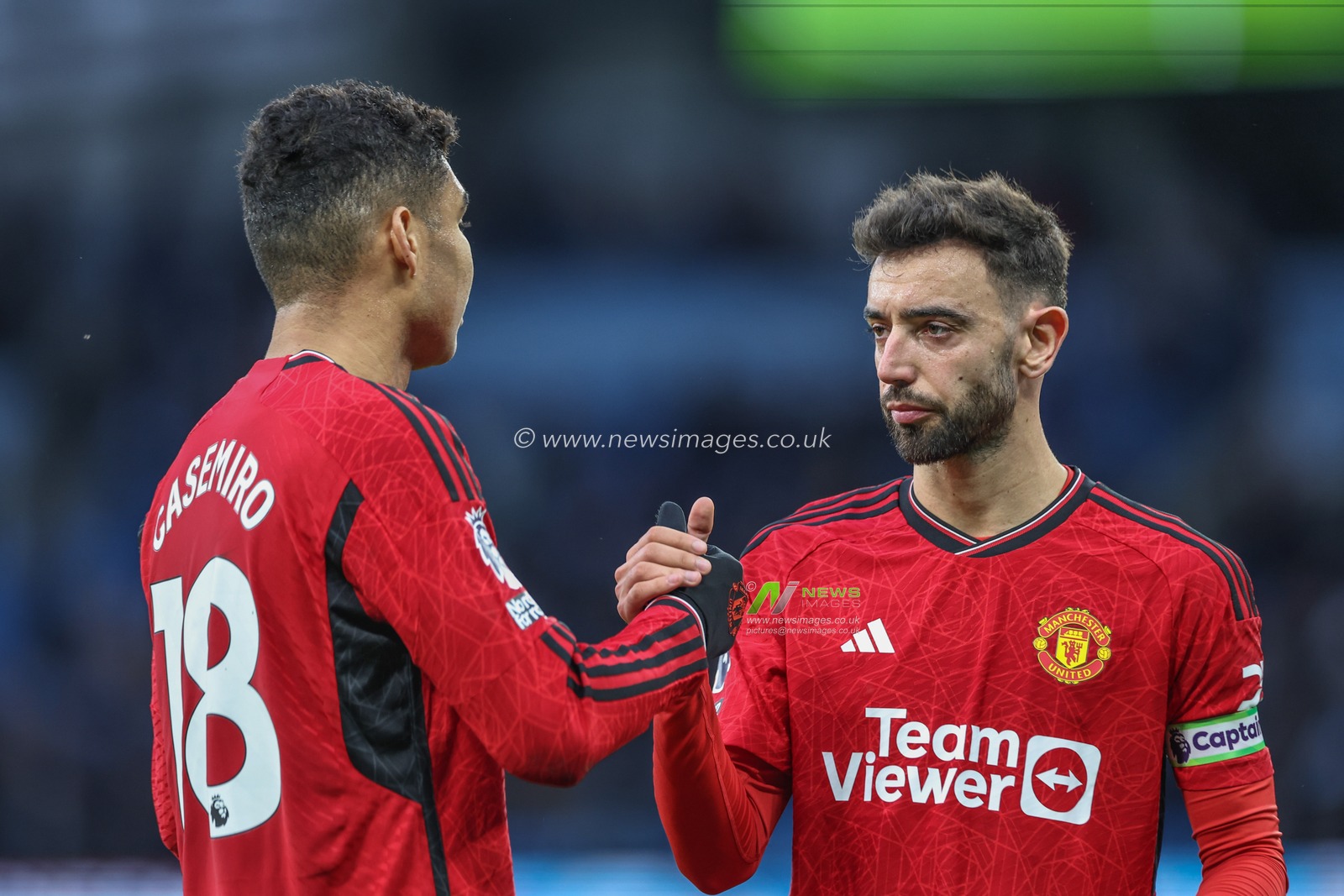 Casemiro of Manchester United and Bruno Fernandes of Manchester United shake hands after the game during the Premier League match Manchester City vs Manchester United at Etihad Stadium, Manchester, United Kingdom, 3rd March 2024

(Photo by Mark Cosgrove/News Images)