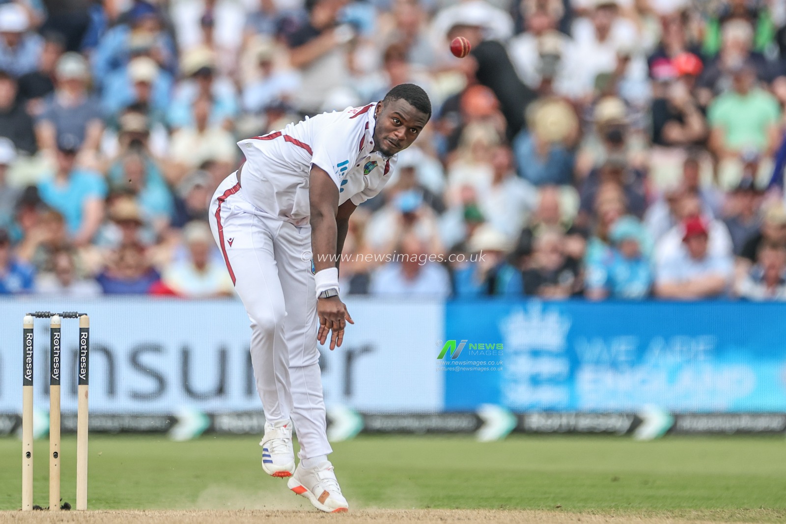 Jayden Seales of West Indies delivers the ball during Day Two of the Rothesay Test match England vs West Indies at Edgbaston, Birmingham, United Kingdom, 27th July 2024

(Photo by Mark Cosgrove/News Images)