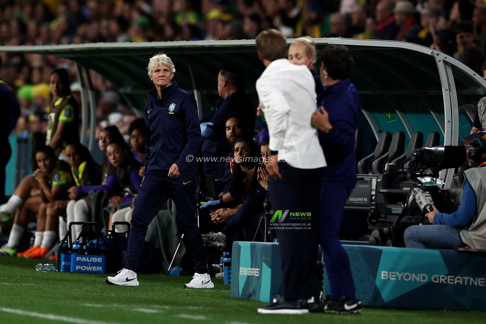 Brazil Coach Pia Sundhage  looks toward Herve Renard who is yellow carded during the FIFA Women's World Cup 2023 France Women vs Brazil Women Group F match at Suncorp Stadium, Brisbane, Australia, 29th July 2023

(Photo by Patrick Hoelscher/News Images)