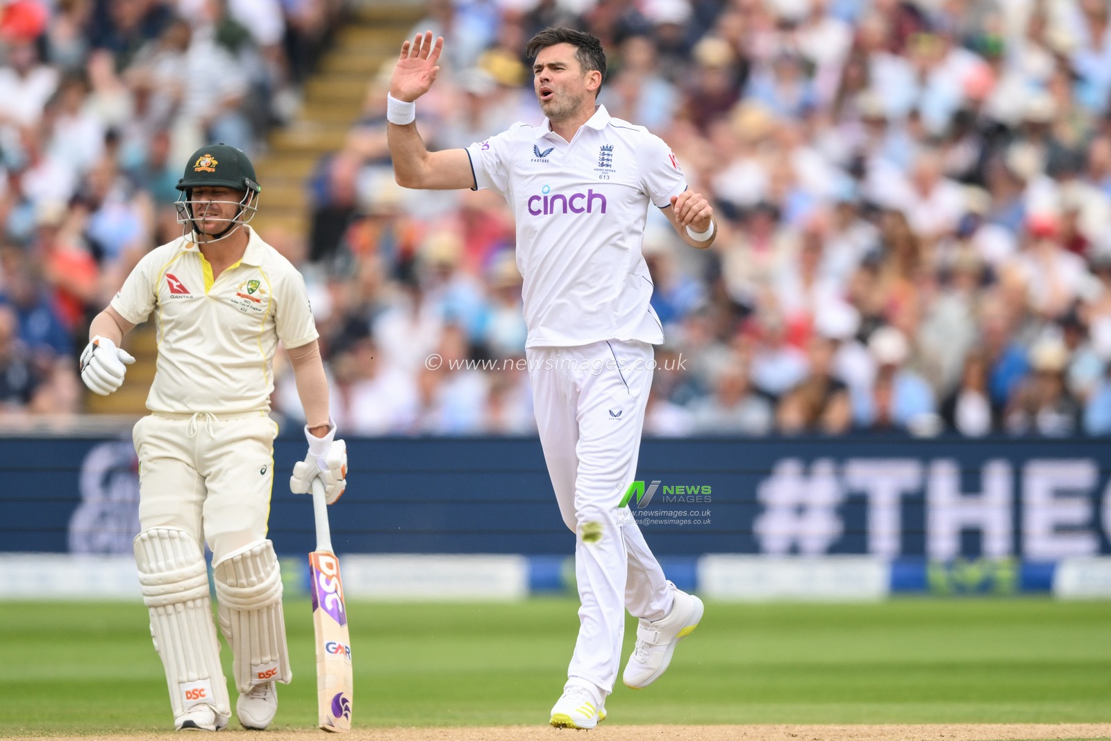 James Anderson of England  reacts after going close during the LV= Insurance Ashes First Test Series Day 2 England v Australia at Edgbaston, Birmingham, United Kingdom, 17th June 2023

(Photo by Craig Thomas/News Images)