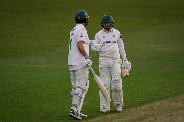 Ben Green congratulates Jonathan Tattersall who celebrates reaching his 50 on his way to scoring 61 during the County Championship Division One day 3 Leicestershire vs Nottinghamshire at Grace Road, Leicester, United Kingdom on 03 May 2026

(Photo by Maynard Manyowa/News Images)