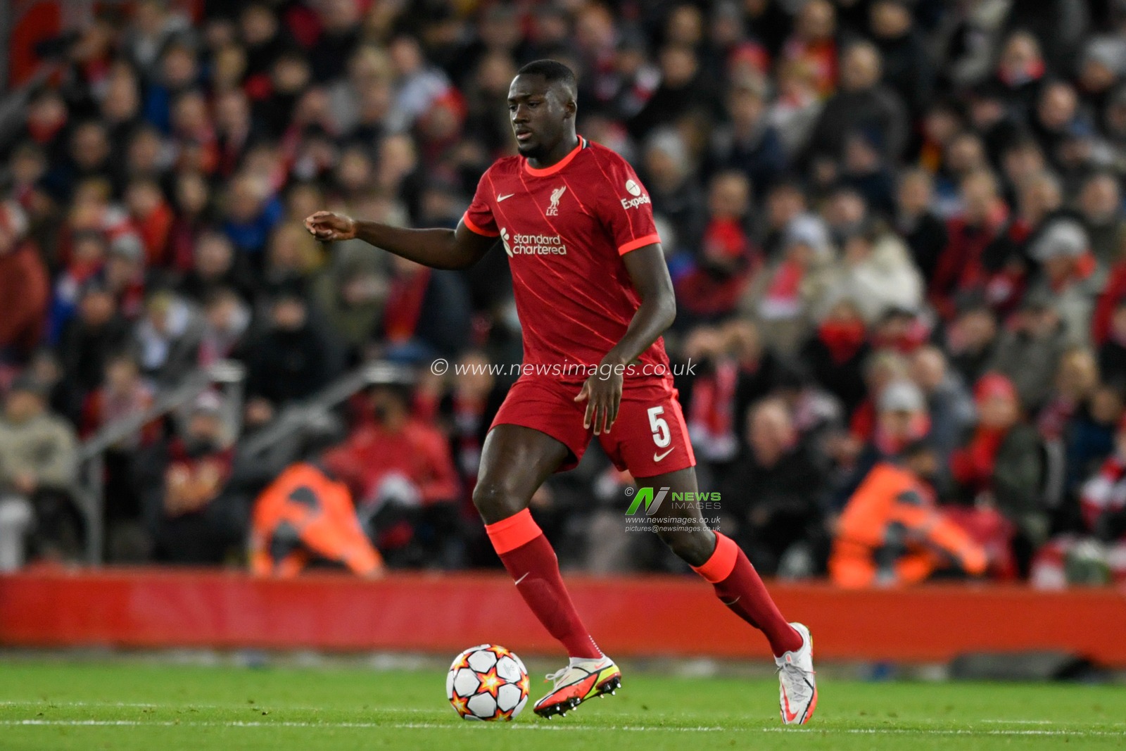 Ibrahima Konate #5 of Liverpool with the ball
