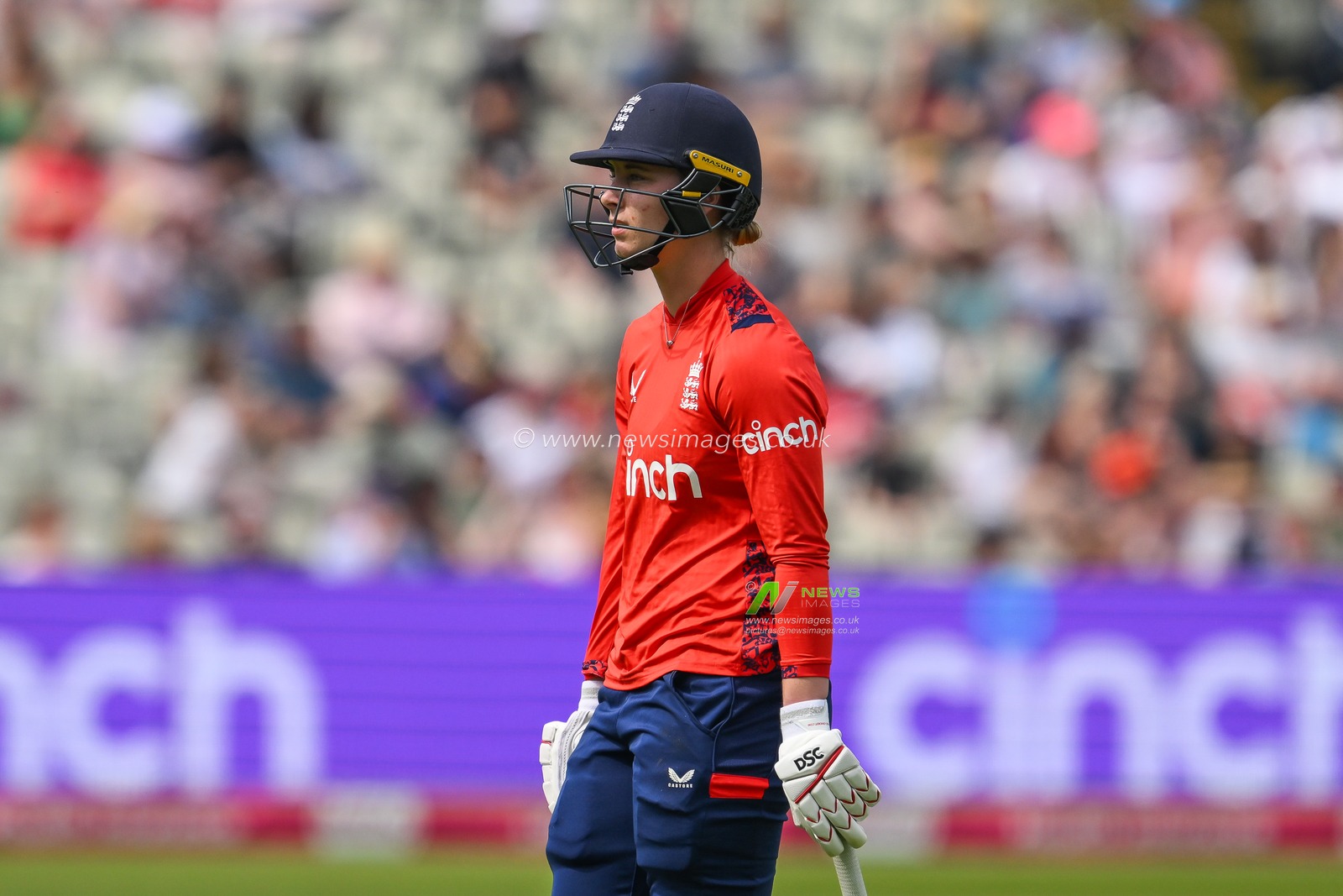 Freya Kemp of England leaves the field after being run out by Muneeba Ali of Pakistan during the First T20 International match England women vs Pakistan women at Edgbaston, Birmingham, United Kingdom, 11th May 2024

(Photo by Craig Thomas/News Images)